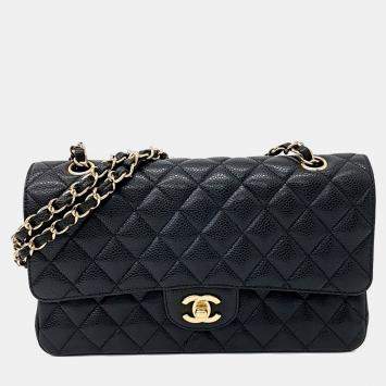 Pre Owned Chanel Black Leather Caviar Classic Medium