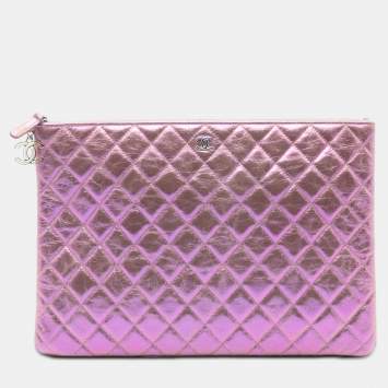 Pre Owned Chanel Pink Large Quilted Iridescent Calfskin O Case Clutch