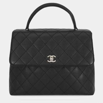 Pre Owned Chanel Matelasse Top Handle Handbag Black Caviar Leather
