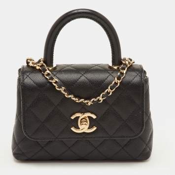 Pre Owned Chanel Coco Handle Nano Black Quilted Caviar Leather Bag