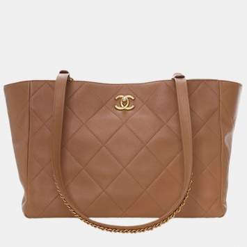 Pre Owned Chanel Brown Quilted Calfskin Turnlock CC Chain Tote