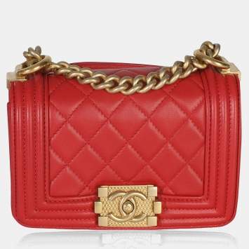 Pre Owned Chanel Boy Mini Red Quilted Lambskin Leather Bag