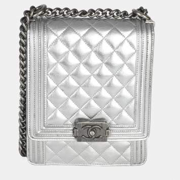 Pre Owned Chanel North South Boy Silver Quilted Crinkled Goatskin Leather Shoulder Bag