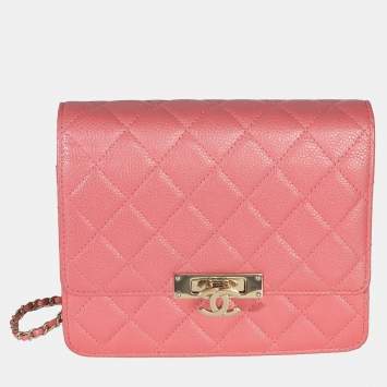 Pre Owned حقيبة شانيل سلسلة محفظة جلد العجل المحبب المربع الوردي اللامع الكلاسي الذهبي
