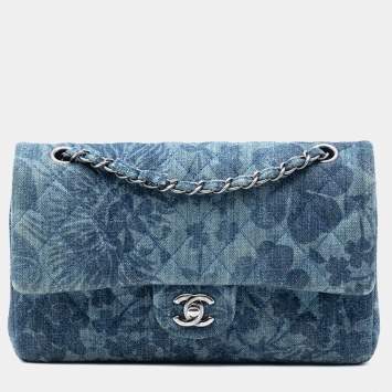 Pre Owned Chanel Blue Medium Classic Denim Floral Double Flap