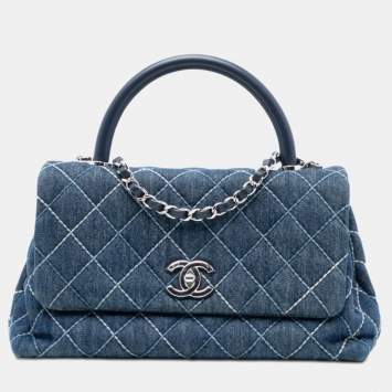 Pre Owned Chanel Blue Small Quilted Denim Coco Top Handle Bag