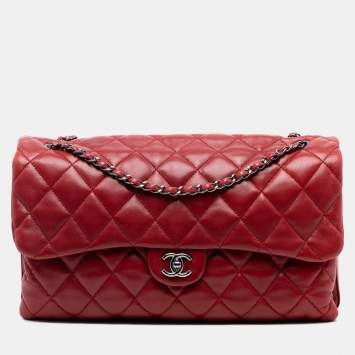 Pre Owned Chanel Red Maxi Quilted Lambskin 3 Accordion Flap