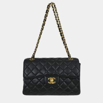 Pre Owned حقيبة شانيل كتف فلاب مزدوجة الجوانب جلد خروف أسود