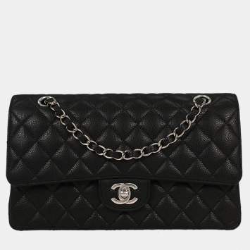 Pre Owned حقيبة شانييل كلاسيك مزدوجة قفل كتف جلد العجل متوسطة سوداء