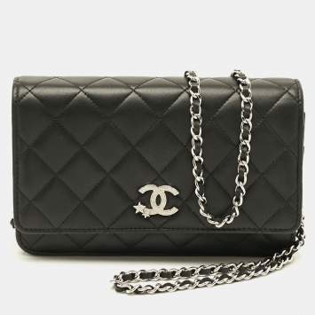 Pre Owned Chanel CC Crystal Star Black Quilted Leather Wallet On Chain