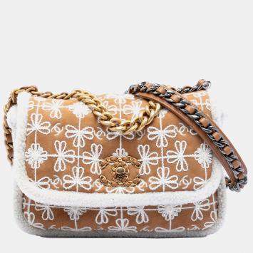 مملوكة مسبقًا Chanel Brown Medium Embroidered Suede 19 Flap with Shearling Trim