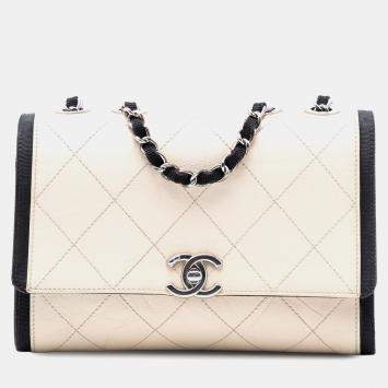 Pre Owned Chanel Black Brown CC Quilted Crumpled Calfskin and Grosgrain Flap