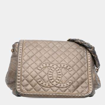 Pre Owned حقيبة شانيل فلاب أكورديون كبيرة مبطنة جلد العجل ميتاليك بني اسطنبول