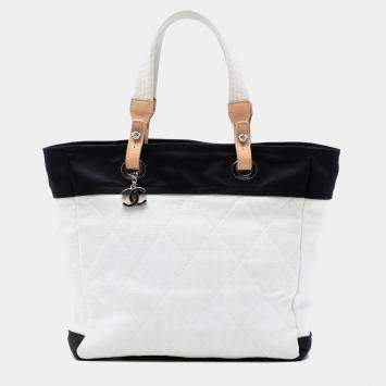 Pre Owned Chanel Black White Medium Bicolor Quilted Canvas Paris Biarritz Tote