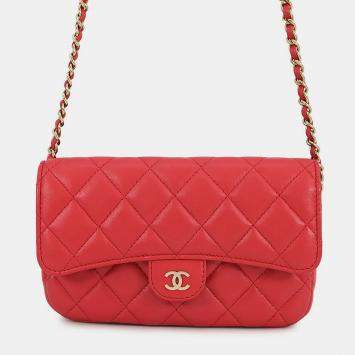 Pre Owned Chanel Matelasse Flap Chain shoulder Phone Pouch Red Lambskin