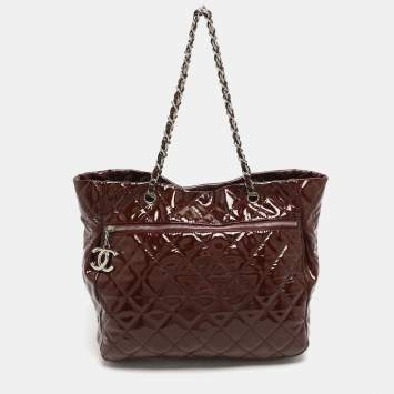 Pre Owned Chanel Large Brown Quilted Patent Leather Tote