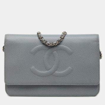 Pre Owned Chanel Grey CC Caviar Wallet On Chain