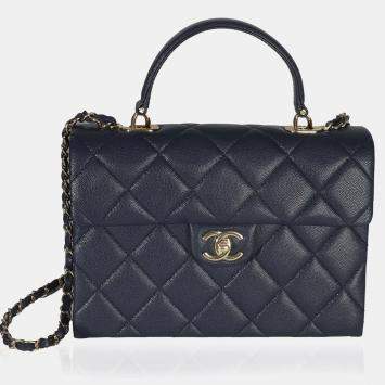 Pre Owned Chanel Navy Blue Quilted Caviar Retro Twist Top Handle Handbag