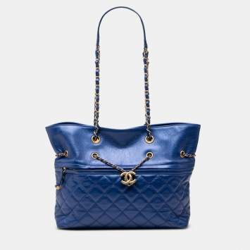 Pre Owned Chanel Blue CC Calfskin Front Zip Drawstring Chain Tote