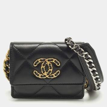 Pre Owned Chanel 19 Flap Black Quilted Leather Coin Purse with Chain