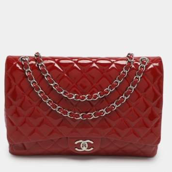 Pre Owned Chanel Classic Double Flap Maxi Red Quilted Patent Leather Bag