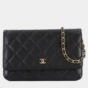Pre Owned Chanel Matelasse Classic Chain Wallet In Black Caviar Leather