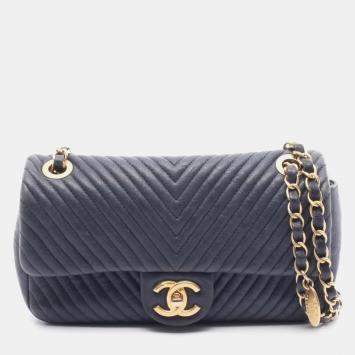Pre Owned Chanel Chevron V-Stitch Shoulder Bag Leather Navy