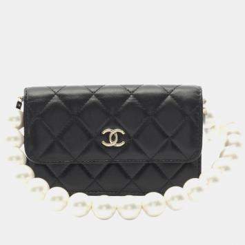 Pre Owned Chanel Matelasse Pearl Chain Shoulder Bag Lambskin Leather Black