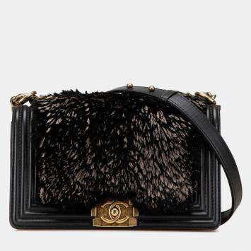 Pre Owned Chanel Coco Mark Boy 25 Crossbody Chain Shoulder Bag In Black Lambskin And Fur