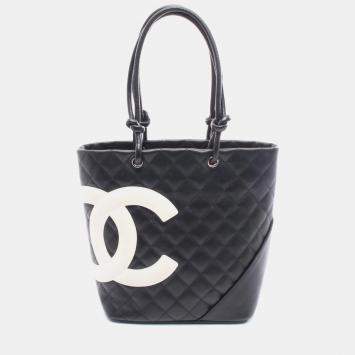 Pre Owned Chanel Cambon Medium Tote Bag Leather Black/White
