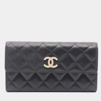 Pre Owned Chanel Matelasse Bifold Long Wallet In Grained Calfskin Leather Black