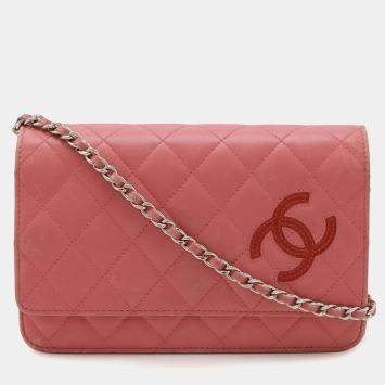 Pre Owned Chanel Simply Cc Matelasse Coco Mark Chain Wallet Shoulder Bag Pochette Leather Pink Red