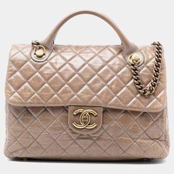 Pre Owned Chanel Brown Large Glazed Calfskin Castle Rock Top Handle Flap