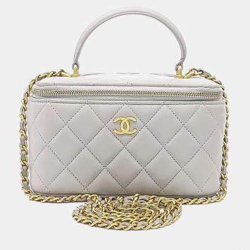 Pre Owned حقيبة شانيل رمادية جلد بمقبض علوي وفانيتي كروس بودي