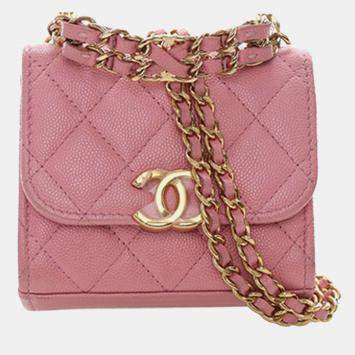 Pre Owned Chanel Pink Mini CC Quilted Caviar Top Handle Clutch with Chain