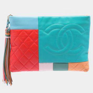 مملوكة مسبقًا Chanel Blue Orange Medium Lambskin Colorblock Patchwork O Case