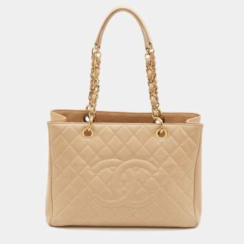 Pre Owned Chanel GST Beige Quilted Caviar Leather Grand Shopping Tote