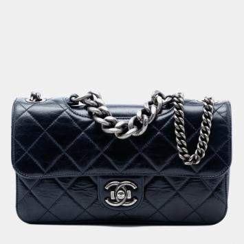 Pre Owned Chanel Blue Medium Quilted Glazed Calfskin Perfect Edge Flap