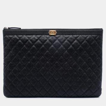 Pre Owned Chanel Black Large Quilted Caviar Boy O Case Clutch