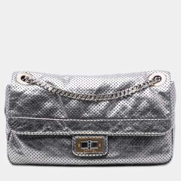 Pre Owned Chanel Silver Medium Reissue Perforated Calfskin Drill Flap