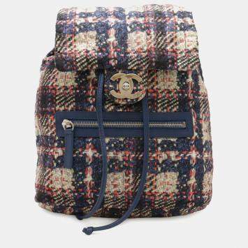 Pre Owned Chanel Tweed Print Coco Mark Chain Shoulder Backpack Nylon Blue Pink
