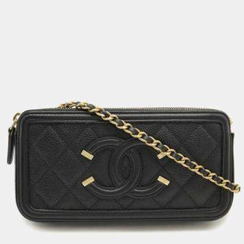 مملوكة مسبقًا Chanel Cc Filigree Chain Wallet Shoulder Bag Pochette Clutch Caviar Leather Black