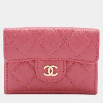 مملوكة مسبقًا Chanel Classic Small Flap Wallet Matelasse Coco Mark Tri-Fold Caviar Leather Pink