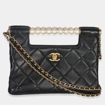 Pre Owned Chanel 25P Black Shiny Quilted Lambskin Pearl Small Shopping Bag