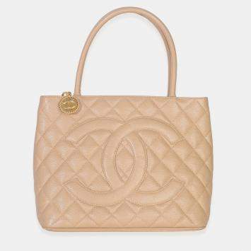 Pre Owned Chanel Beige Quilted Caviar Medallion Tote