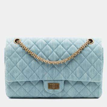 Pre Owned Chanel Blue Quilted Denim Reissue 2.55 Double Flap 226