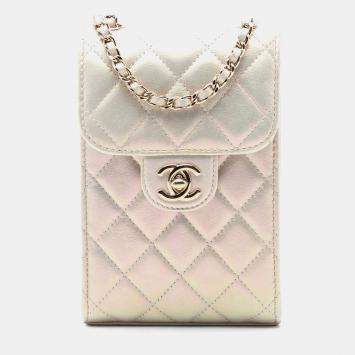 Pre Owned Chanel White CC Quilted Iridescent Lambskin Phone Holder with Chain