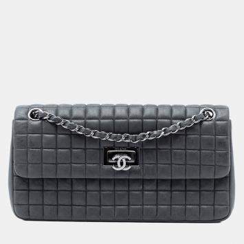 Pre Owned Chanel Grey Chocolate Bar Iridescent Calfskin Bubble Flap