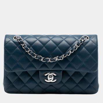Pre Owned Chanel Blue Small Classic Lambskin Double Flap