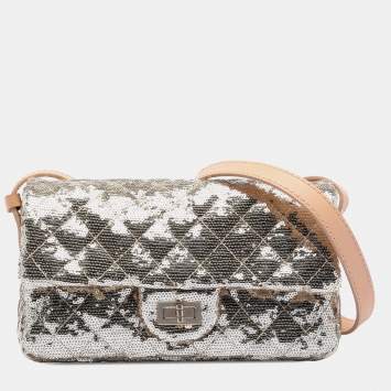 مملوكة مسبقًا Chanel Brown Silver Quilted Sequined Raffia Easy Reissue 2.55 Single Flap 225